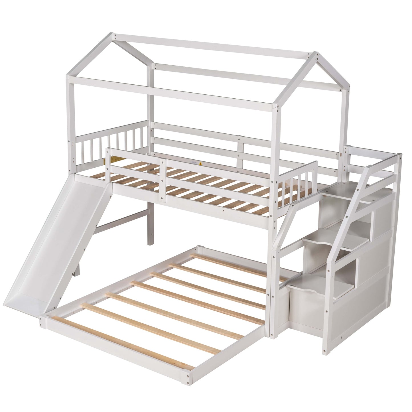 Twin over Full Sized Bunk Bed w/ Convertible Slide & Storage Staircase