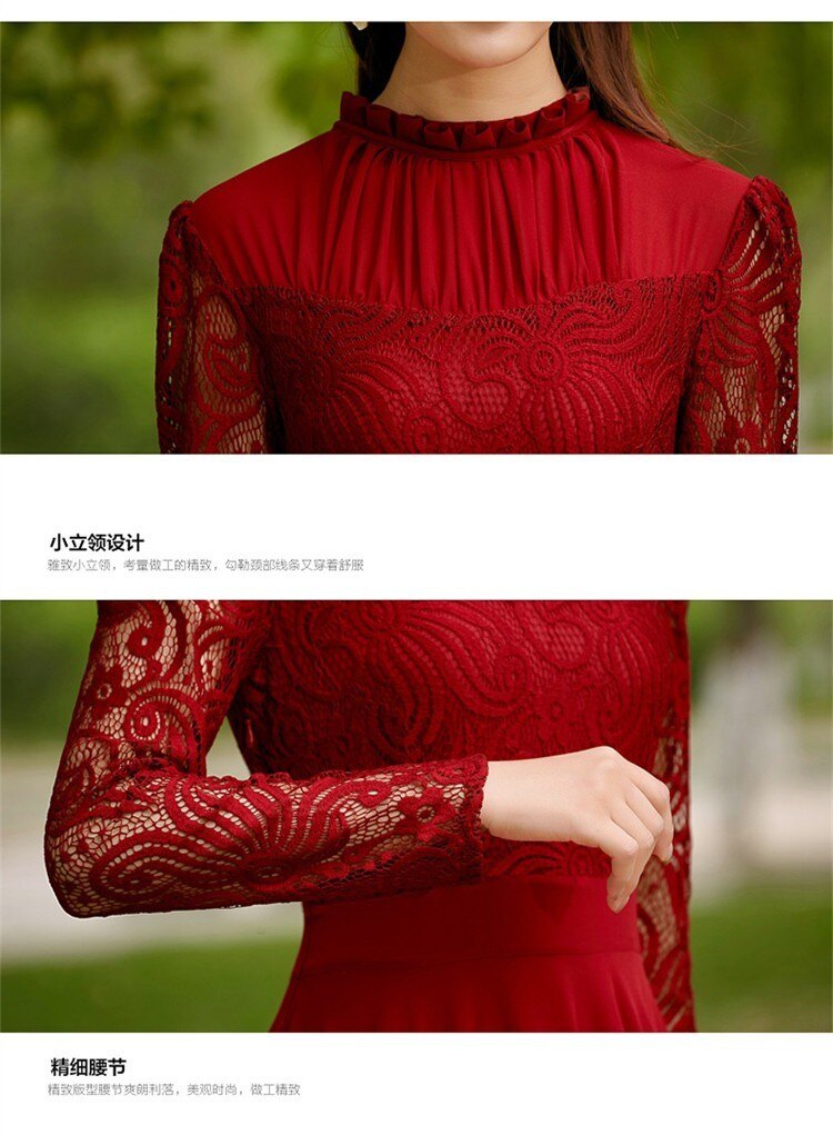 Vintage Elegant Women Lace Chiffon Long Sleeve