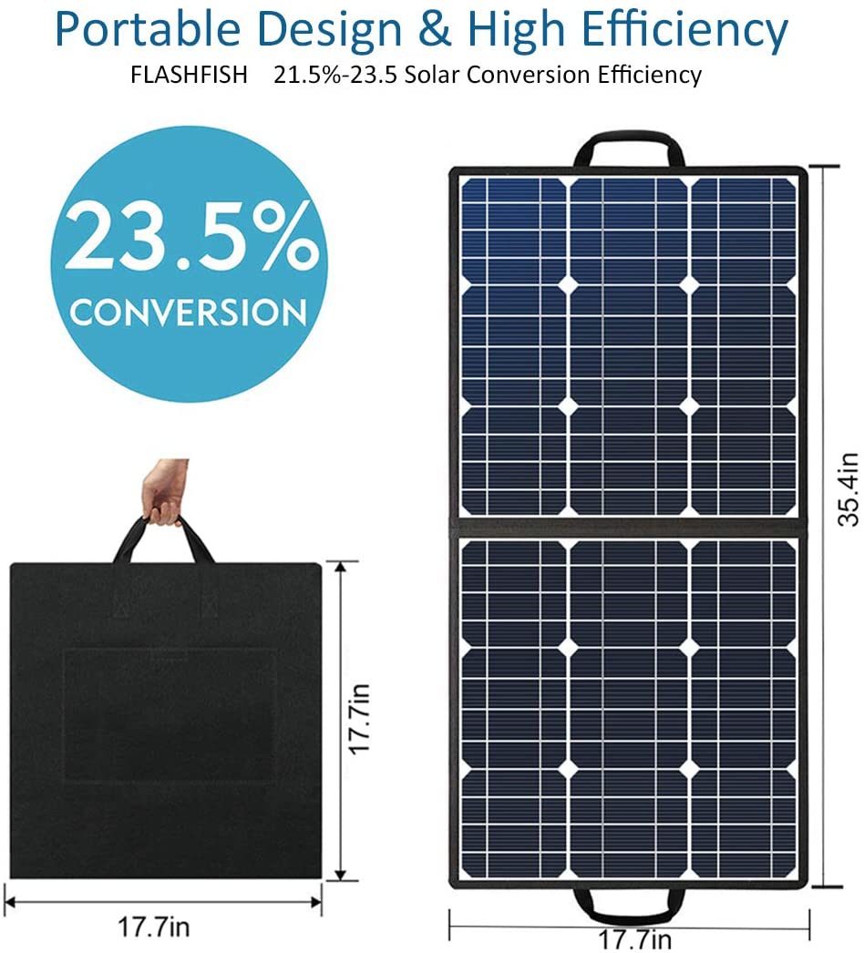 Flashfish Foldable Solar Charger with 5V USB 18V DC Output (Compatible with Portable Generator, Smartphones, Tablets and More)