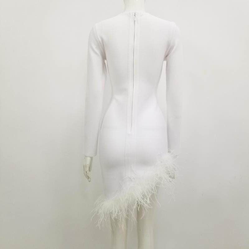 Long Sleeve Feather White Bodycon Dress